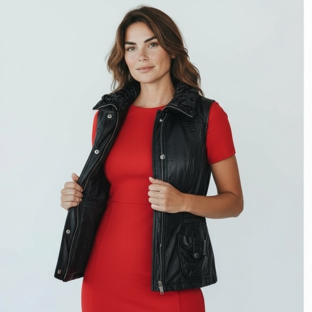 Black Vegan Leather Ethyl Vest, Ruffled Collar, Size M